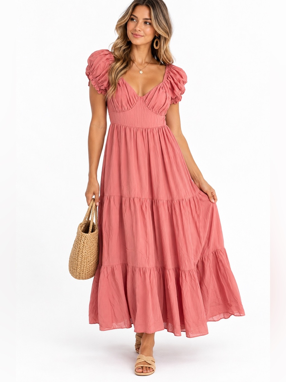 Mauve Pink Puff-Sleeve Tiered Maxi Dress large